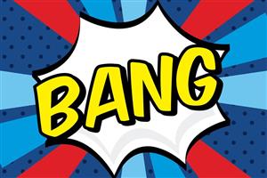 Brightly colored comic book style text that says "Bang."